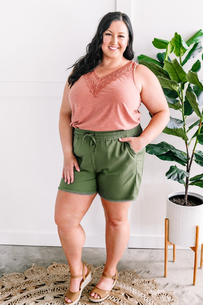 Zenana Summer Blend Lightweight Drawstring Shorts In Olive
