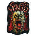 A grotesque zombie with decayed skin and glowing eyes screams against a fiery red backdrop, “Skinless” above in melting, bloody letters. Measures 5 H x 3.25 W—perfect for a chilling display.