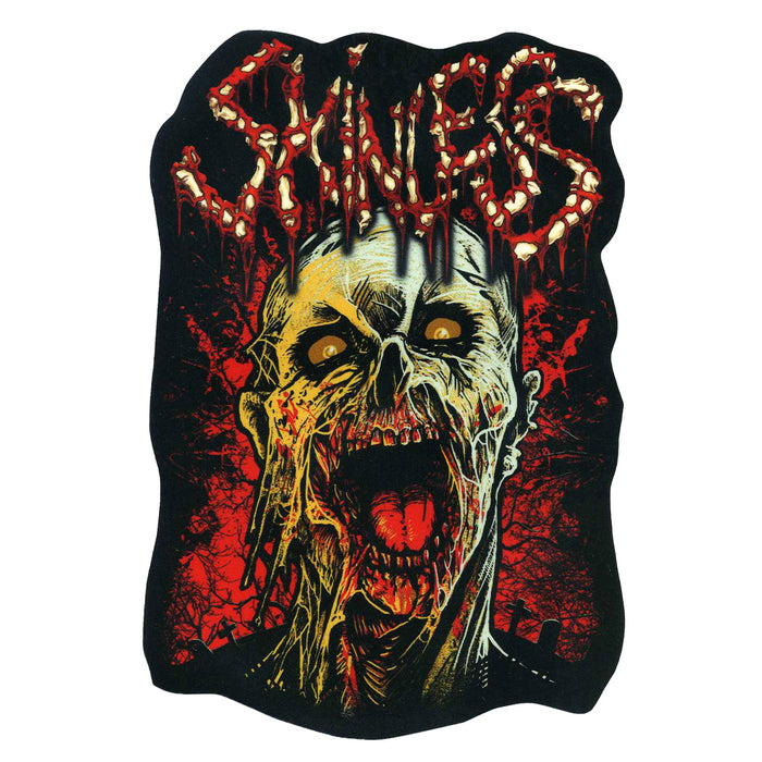 A grotesque zombie with decayed skin and glowing eyes screams against a fiery red backdrop, “Skinless” above in melting, bloody letters. Measures 5 H x 3.25 W—perfect for a chilling display.
